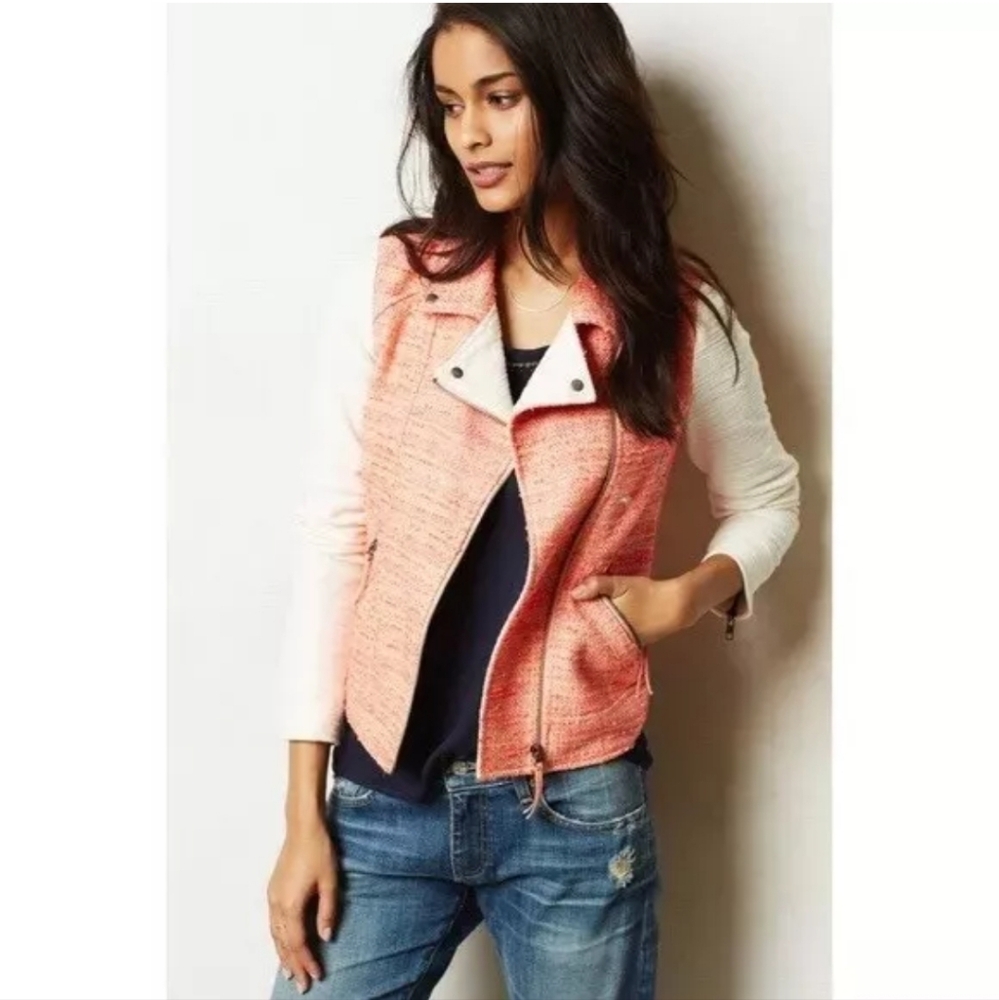 NWT Anthropologie Elevenses Tweed Moto Jacket size 8 Color Block Cream Rose Pink
